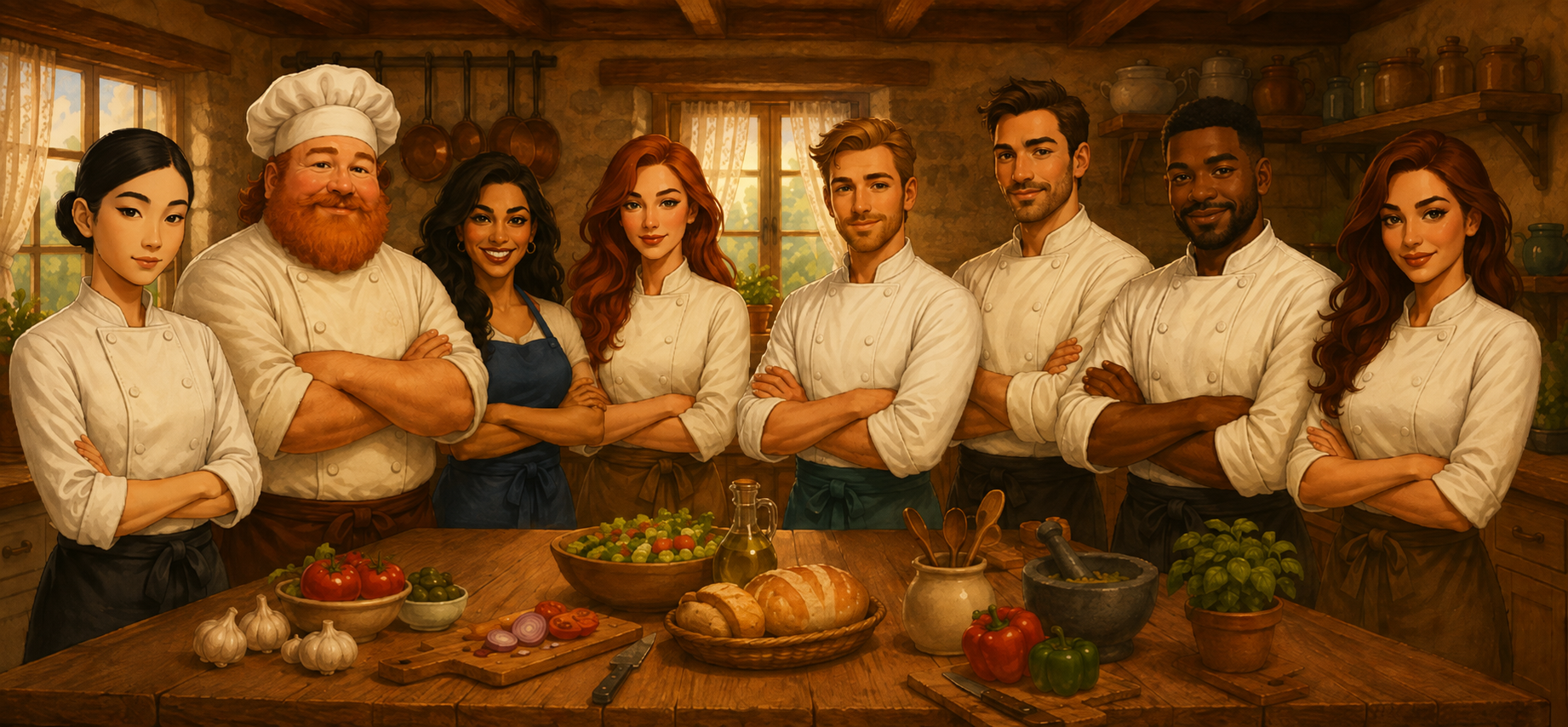 An illustrated group of chefs gathered in a warm country kitchen